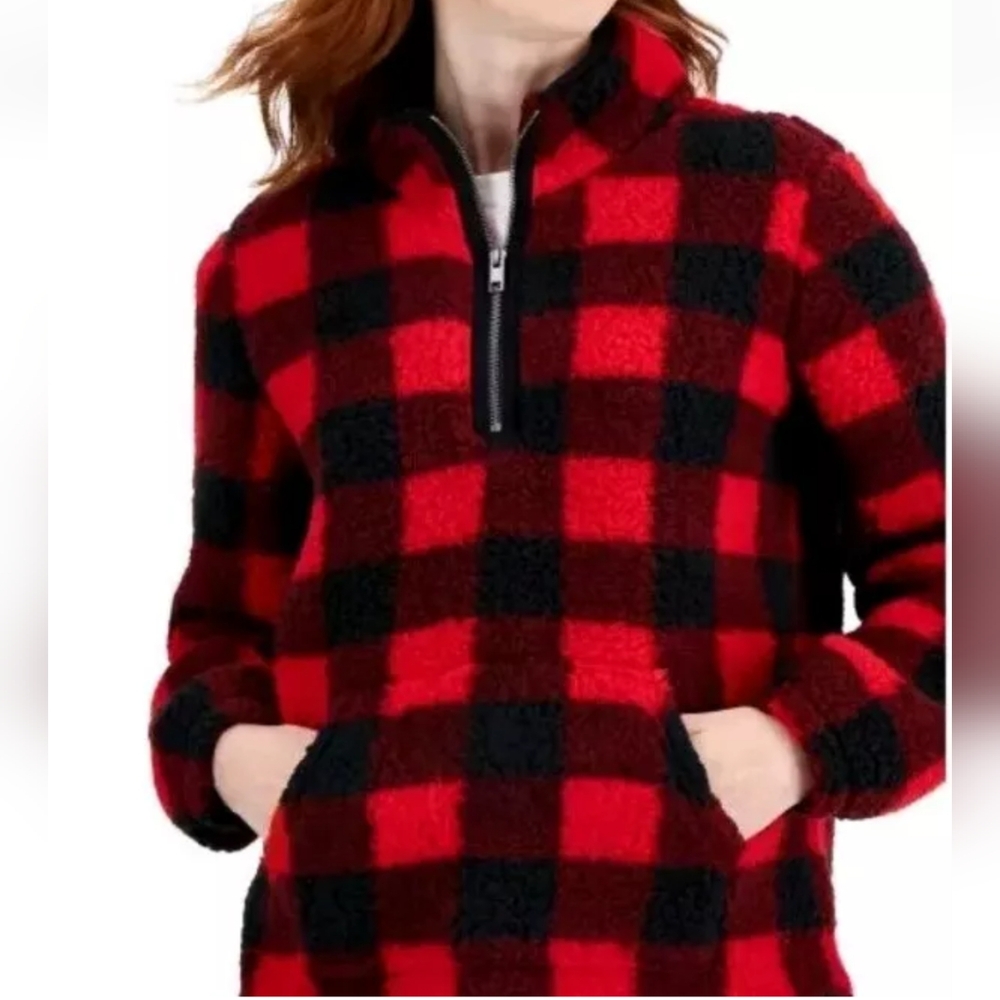 Style & Co Sherpa Pullover Sweater Woman Plus 2X Fire Buffalo Plaid Red Qtr Zip